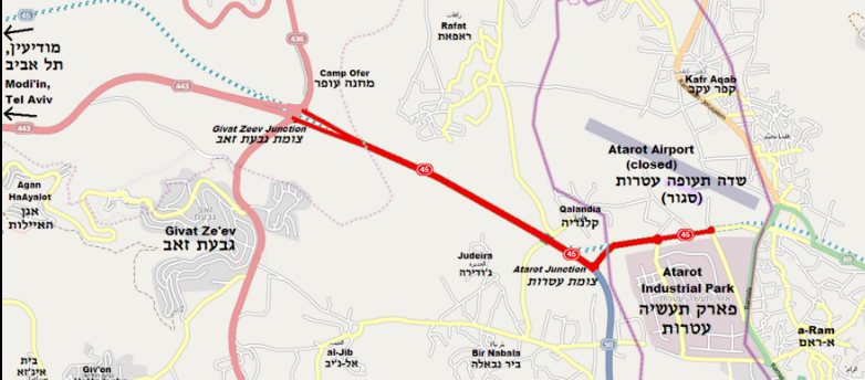 כביש 45 מודגש באדום. קו כחול מקווקד מתאר את התוכנית ההיסטורית | ויקיפדיה