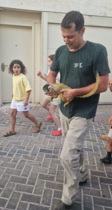 המטפל בנימין פיינסוד מחזיר את הקוף למקומו בגן החיות | צילום: גן החיות התנ"כי