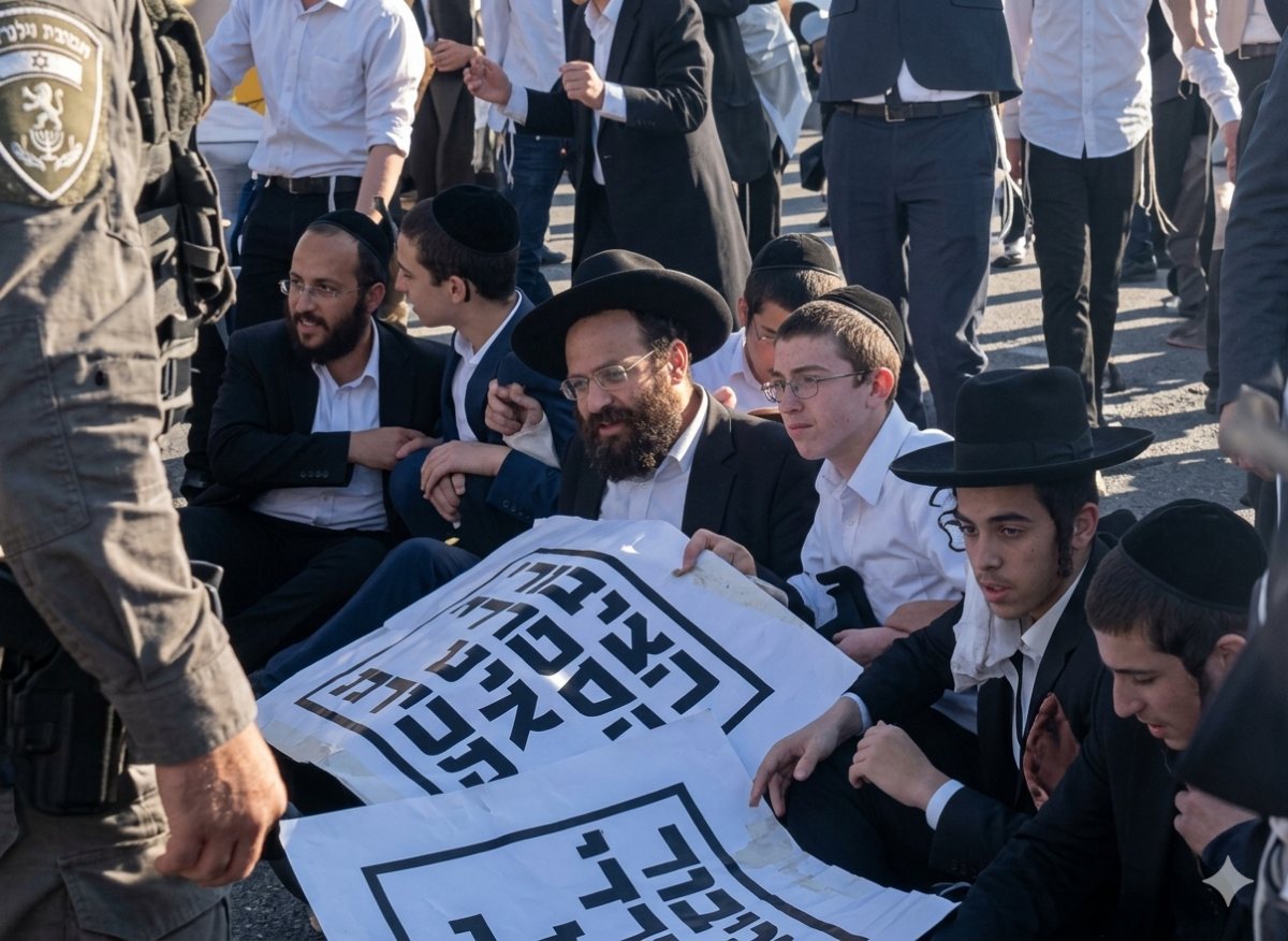 הפגינים חוסמים | עיבוד מתוך הסרטון - ירושלים החרדית