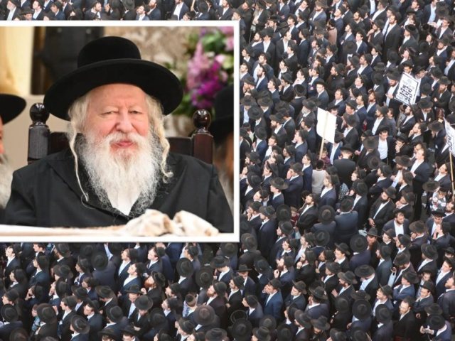 האדמור מגור על רקע הפגנה נגד הגיוס | צילום: משה גולדשטיין / שאטרסטוק