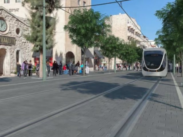 הקו הכחול של הרכבת הקלה ברחוב המלך ג'ורג'. הדמיה: צוות תוכנית אב לתחבורה