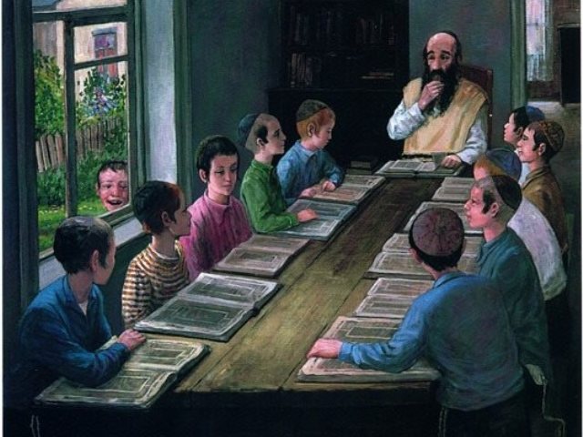 תלמידי 'חיידר' בעיירה. פרי מכחולו של הצייר החסיד ר' זלמן זוסיא קליימן